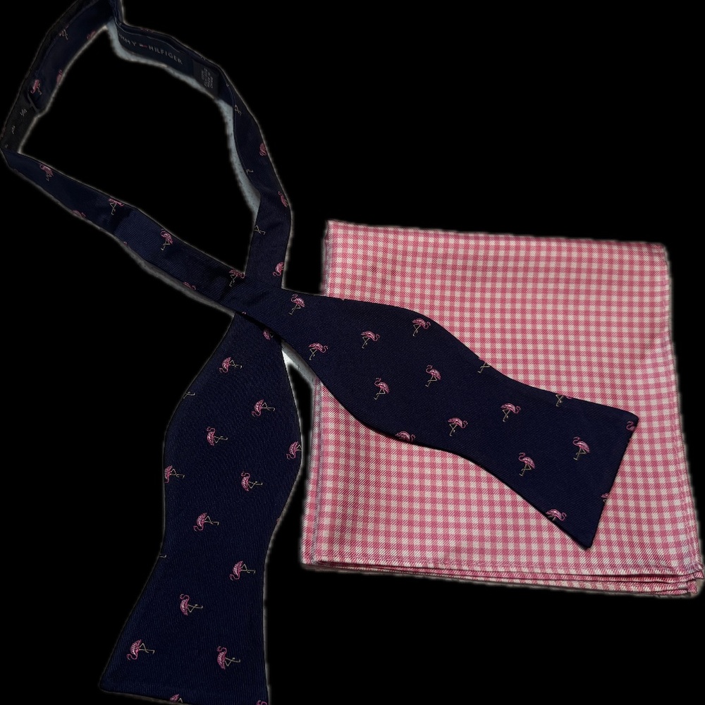 Tommy Hilfiger Flamingo Bow Tie & Pocket Square Set – Preppy Style